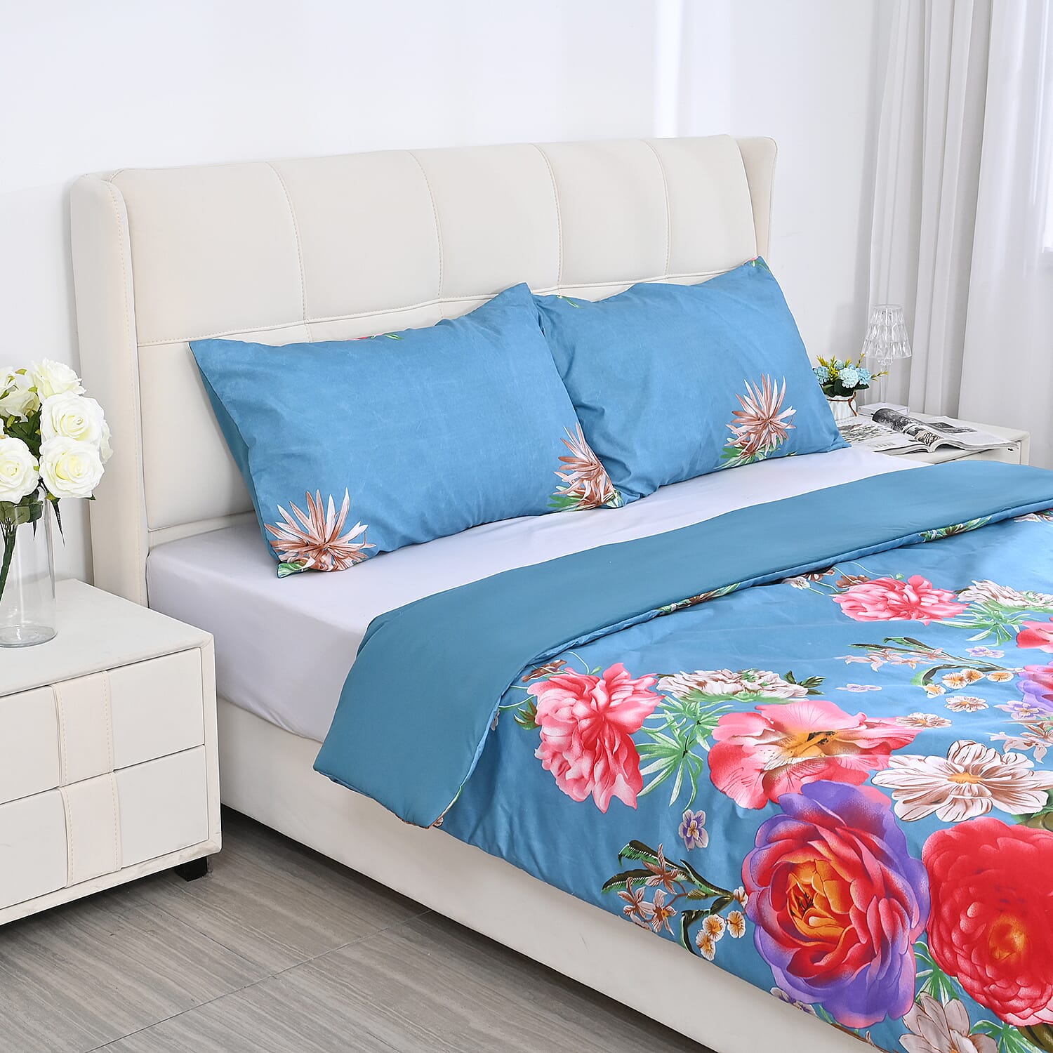 3 Piece Set - Floral Pattern Comforter with 2 Pillow Cases (Double Size 200x200 cm) - Lake Blue
