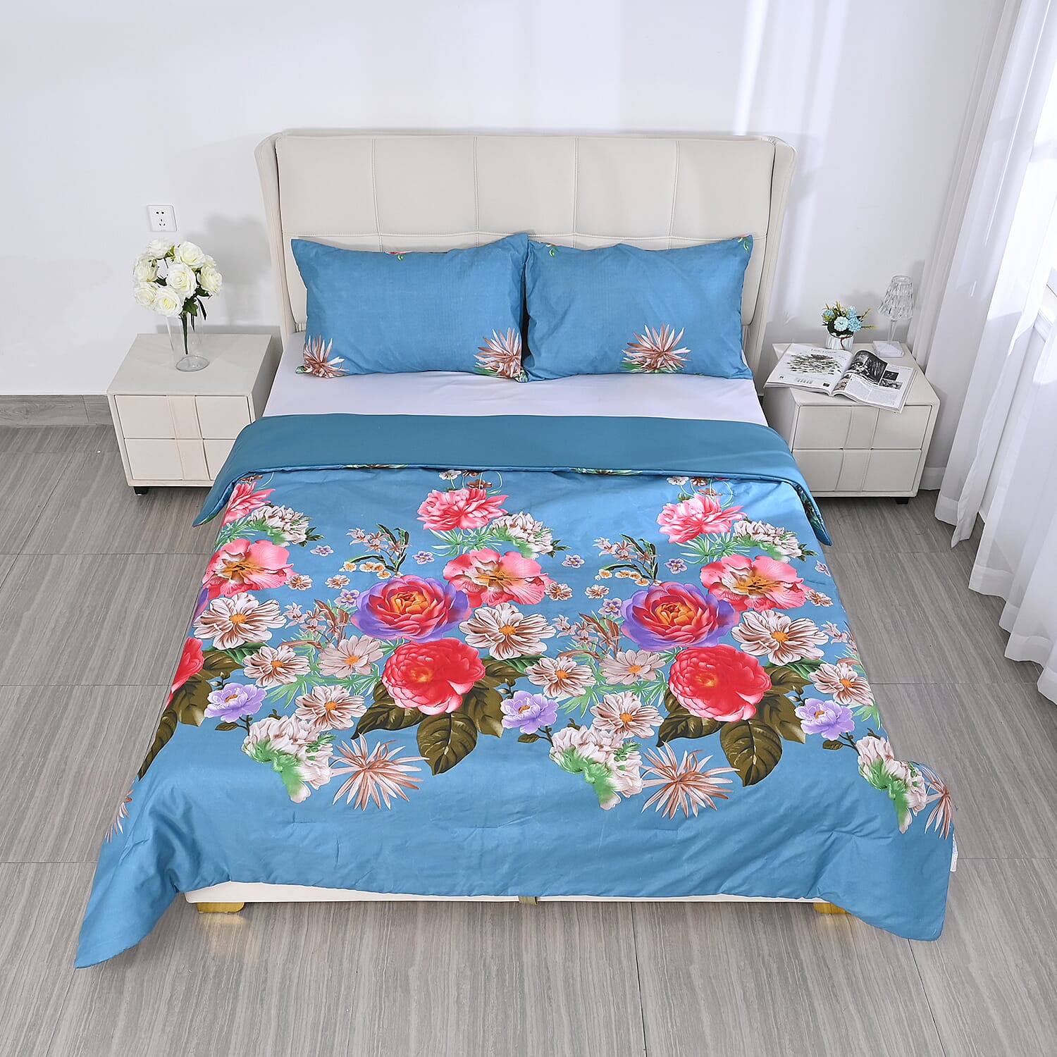 3 Piece Set - Floral Pattern Comforter with 2 Pillow Cases (Double Size 200x200 cm) - Lake Blue