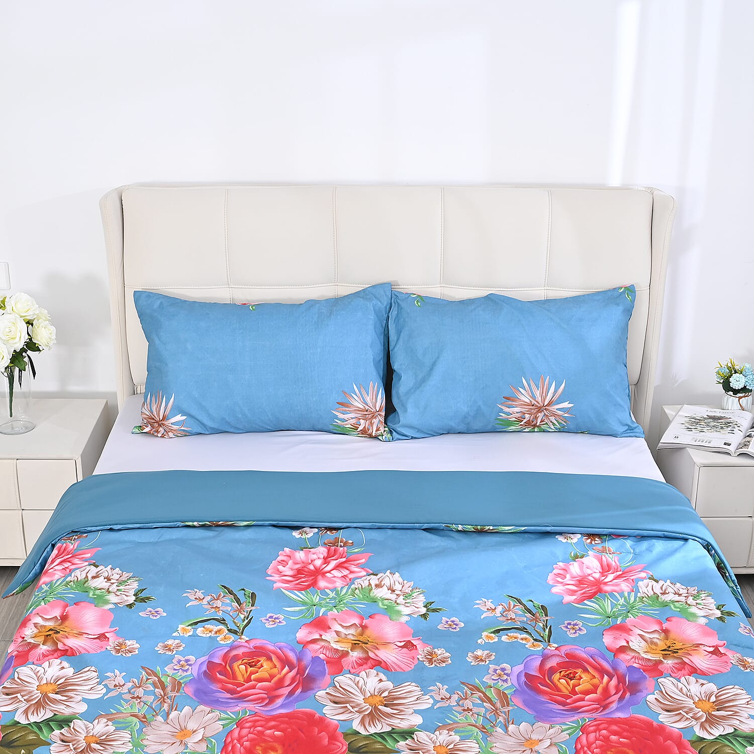 3 Piece Set - Floral Pattern Comforter with 2 Pillow Cases (Double Size 200x200 cm) - Lake Blue