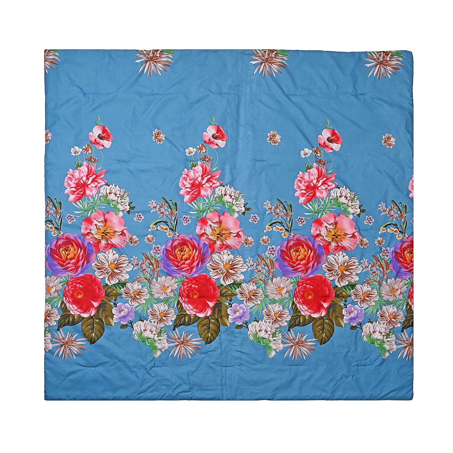 3 Piece Set - Floral Pattern Comforter with 2 Pillow Cases (Double Size 200x200 cm) - Lake Blue