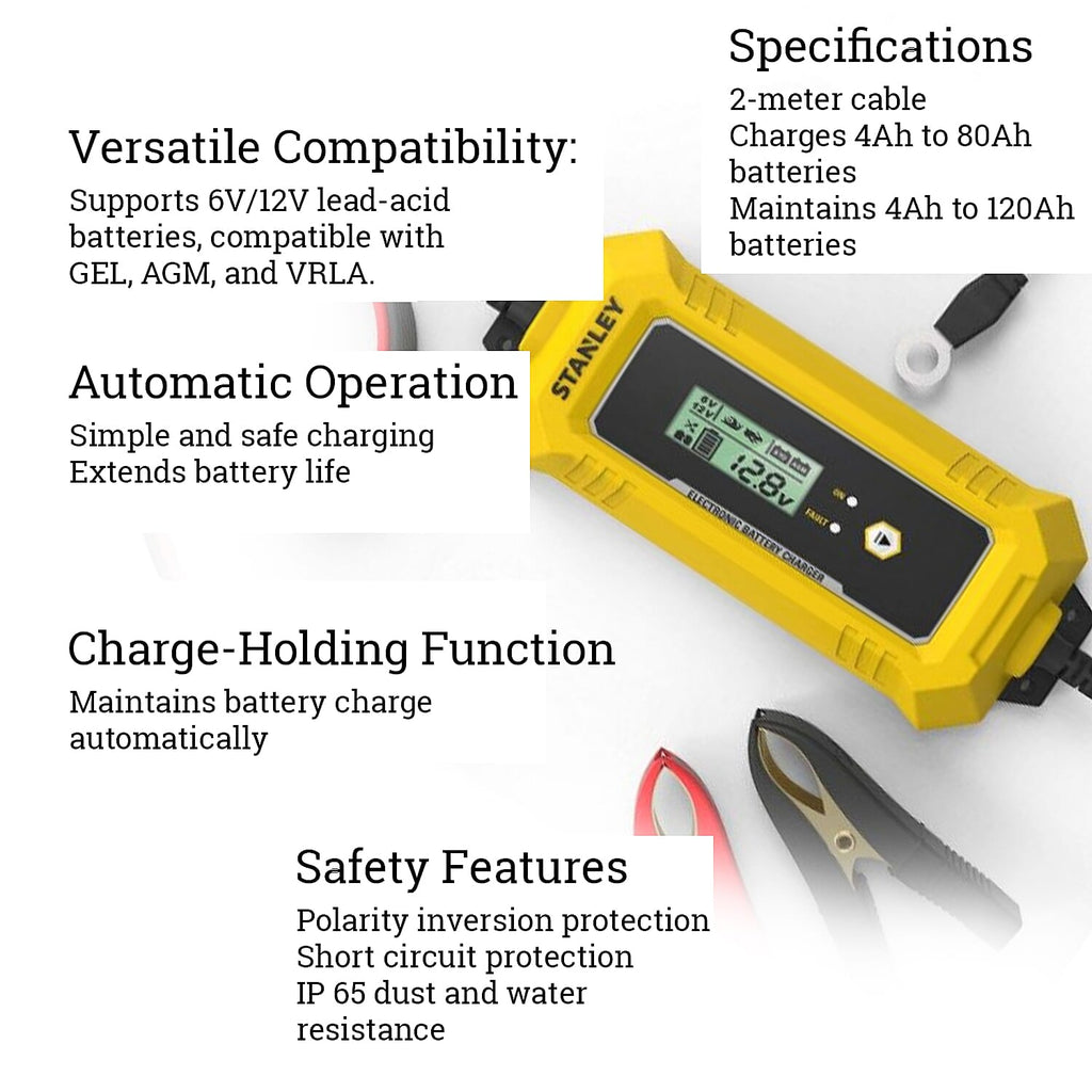Stanley Smart Battery Charger - Plug Charge GO! (6-12V 4A) -Yellow