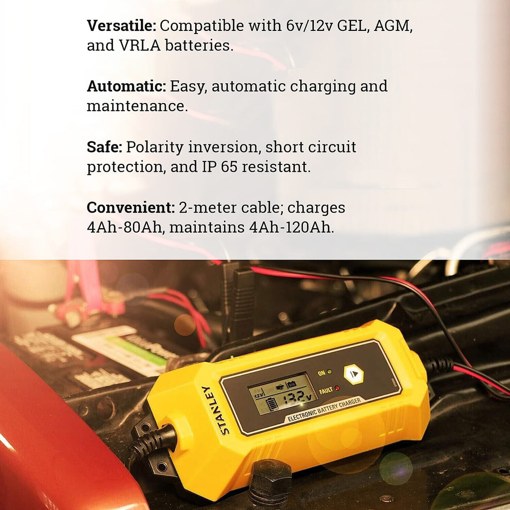 Stanley Smart Battery Charger - Plug Charge GO! (6-12V 4A) -Yellow