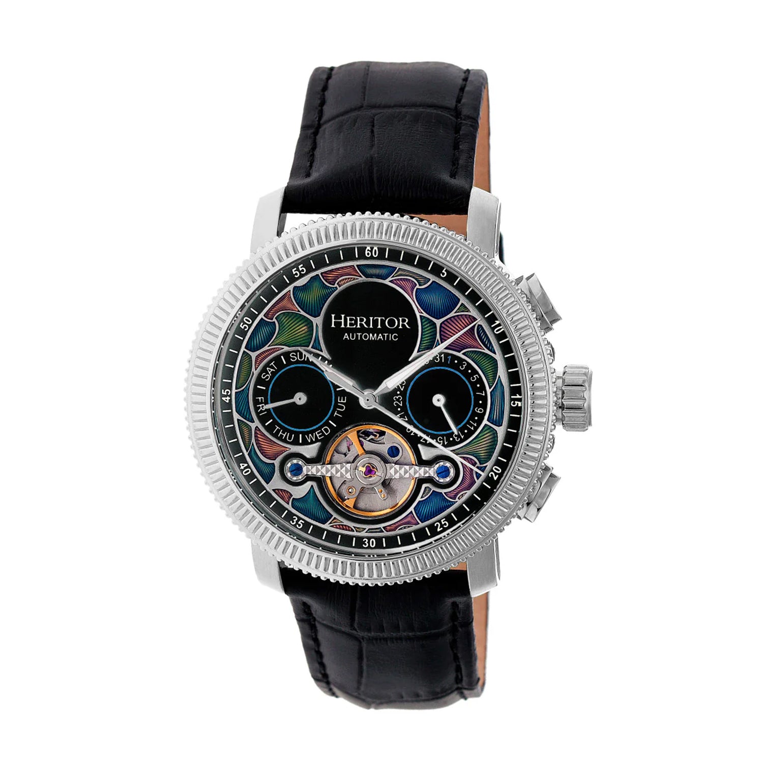 HERITOR Luciano Automatic Movt. 20ATM Water Resistant Black Dial Mens Watch with Silver Colour Stainless Steel Strap and Silver-Tone Case_7708549