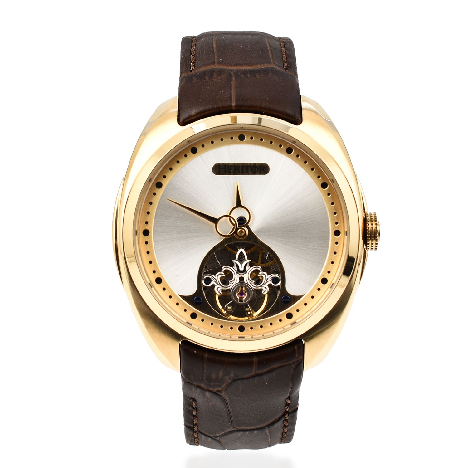 HERITOR Automatic Semi-Skeleton Movement 5ATM Water Resistance Gold Dial Mens Watch with Brown Leather Strap_7708659