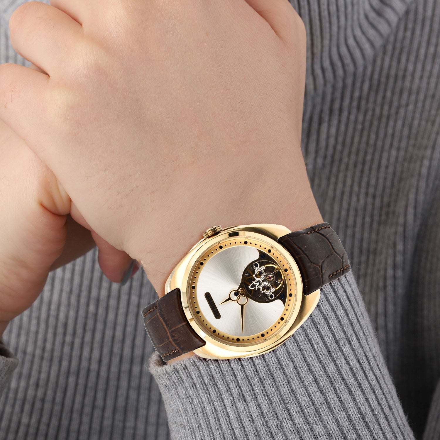 HERITOR Automatic Semi-Skeleton Movement 5ATM Water Resistance Gold Dial Mens Watch with Brown Leather Strap_7708659_1