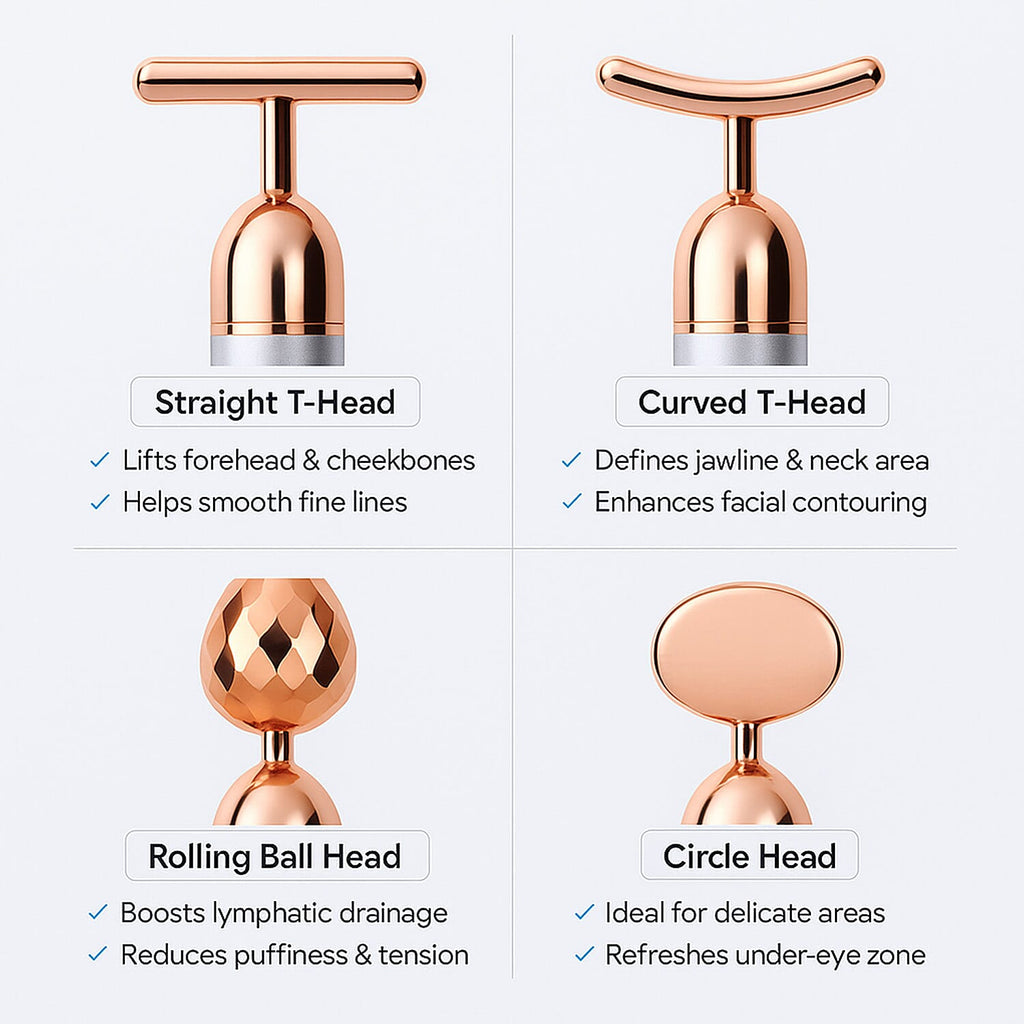 4-in-1 Facial Vibration Massage Roller - Four Interchangeable Massage Heads Including 1 Straight T-Shape Head, 1 Curved T-Shape Head