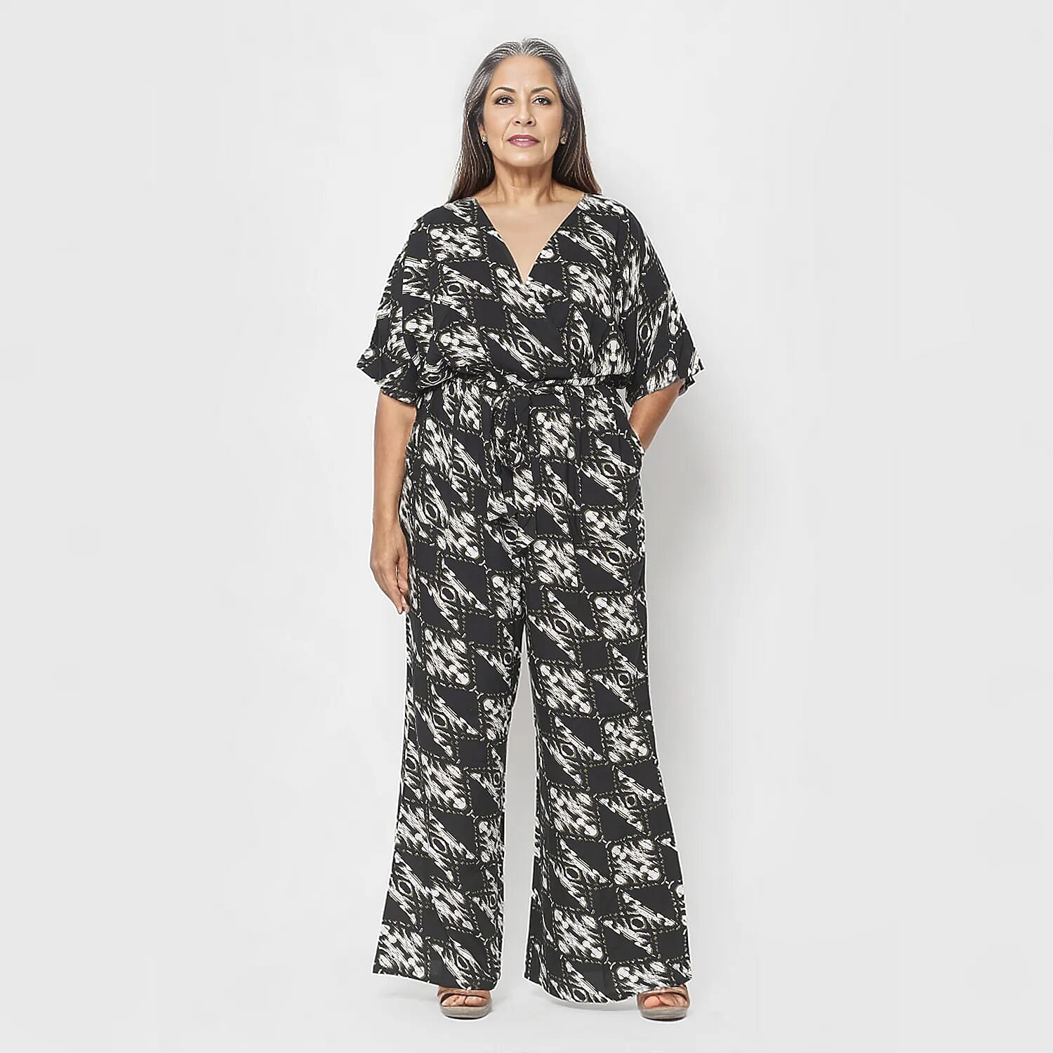La Marey 100% Viscose Ikat Pattern Ladies Jumpsuit (Size XXL) - Black