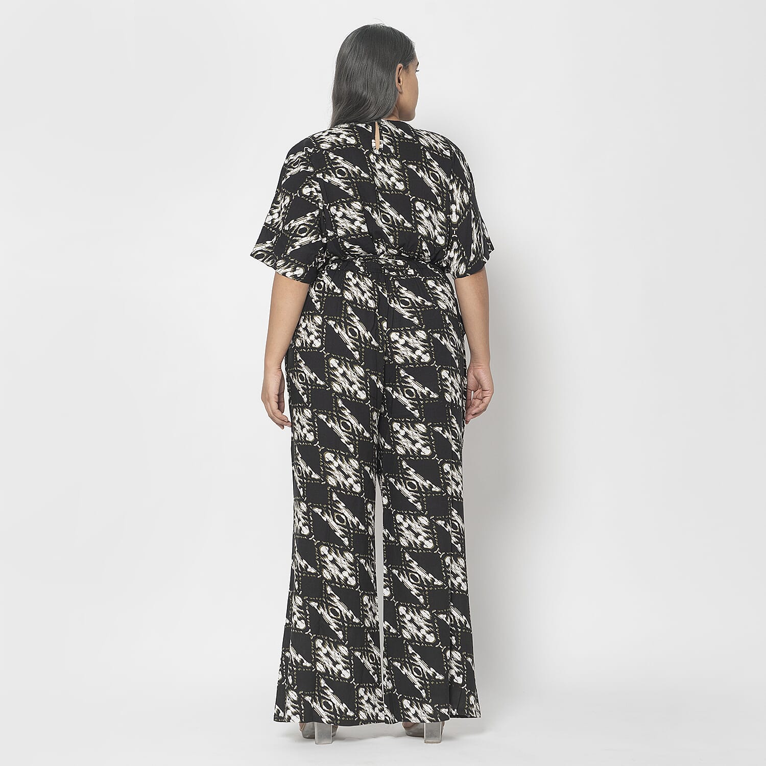La Marey 100% Viscose Ikat Pattern Ladies Jumpsuit (Size XXL) - Black