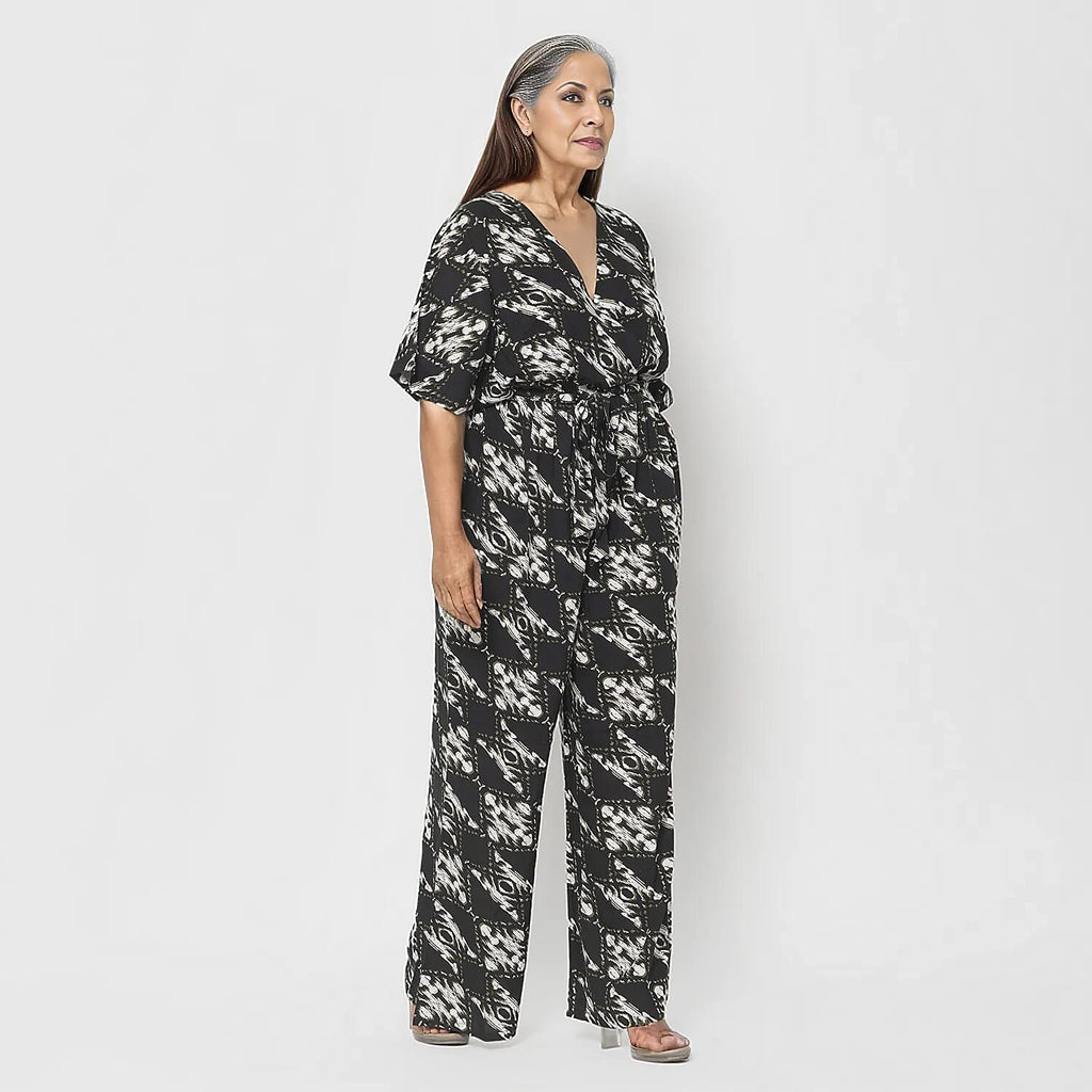 La Marey 100% Viscose Ikat Pattern Ladies Jumpsuit (Size XXL) - Black
