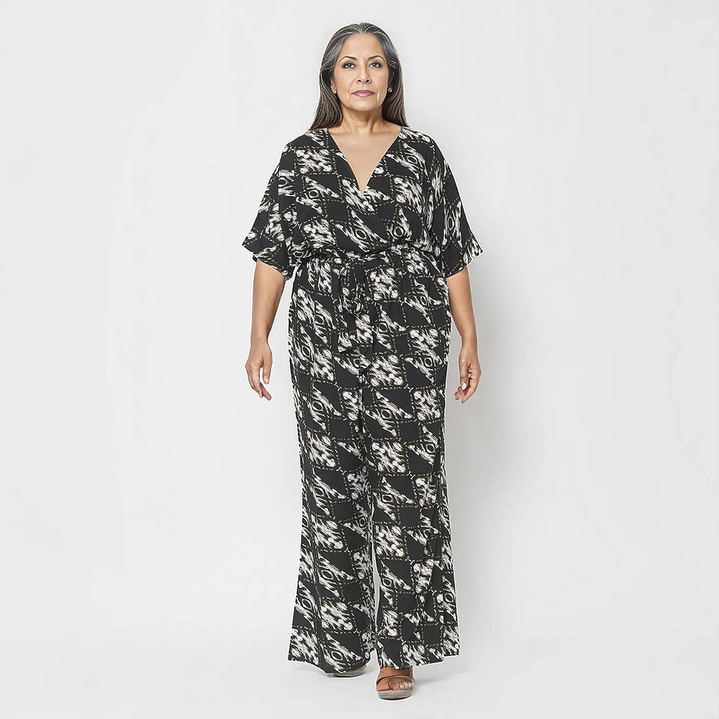 La Marey 100% Viscose Ikat Pattern Ladies Jumpsuit (Size XXL) - Black