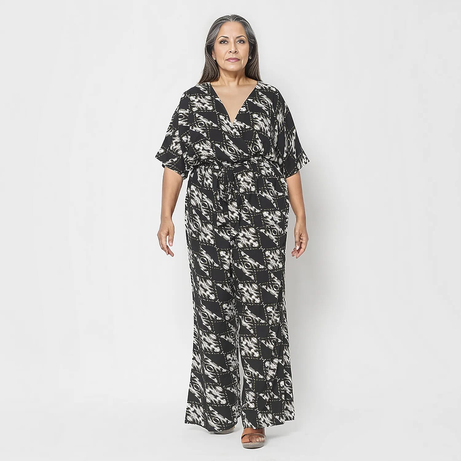 La Marey 100% Viscose Ikat Pattern Ladies Jumpsuit (Size XXL) - Black