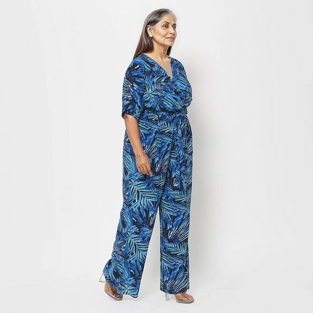 La Marey 100% Viscose Palm Pattern Ladies Jumpsuit (Size XXL) - Purple - Black