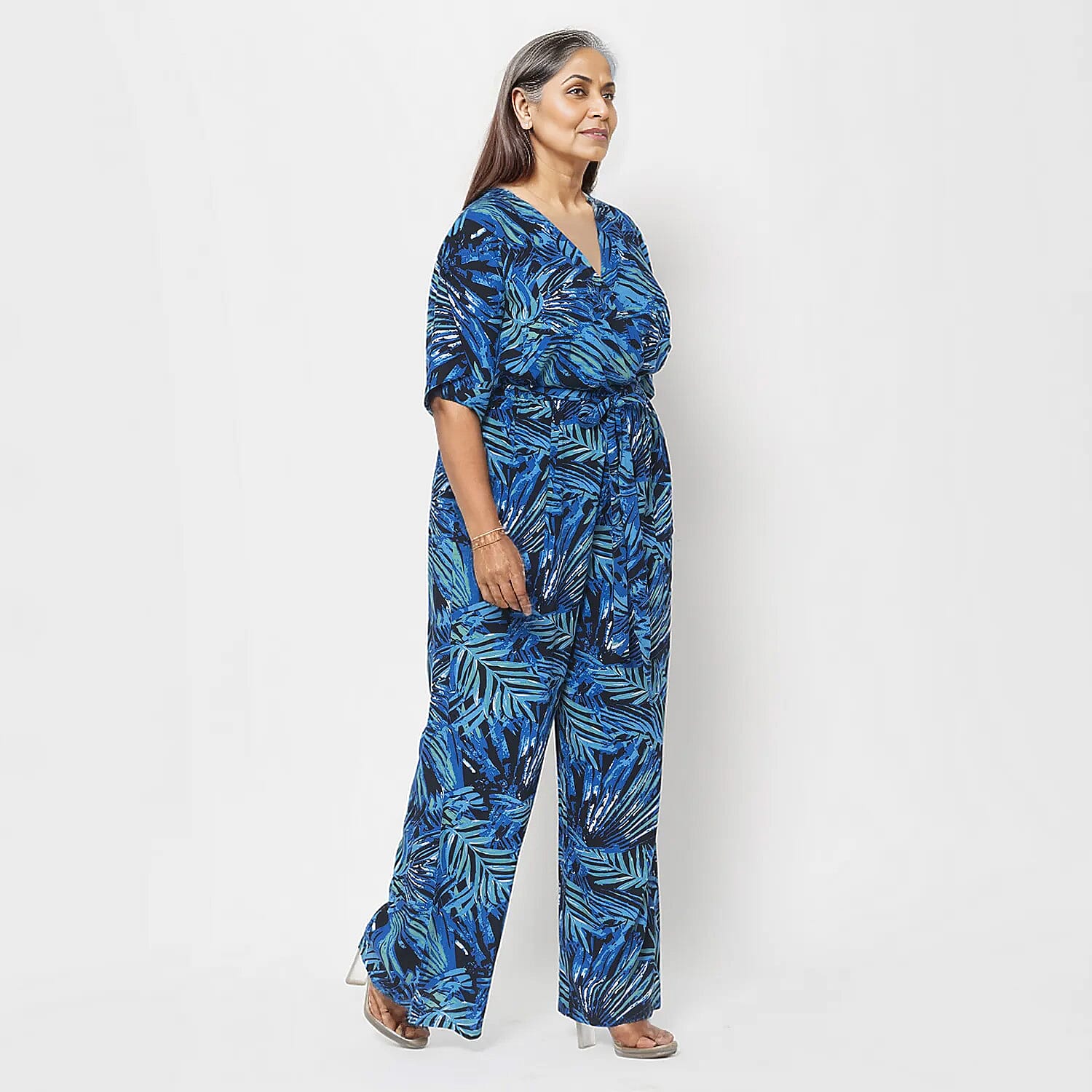 La Marey 100% Viscose Palm Pattern Ladies Jumpsuit (Size XXL) - Purple - Black
