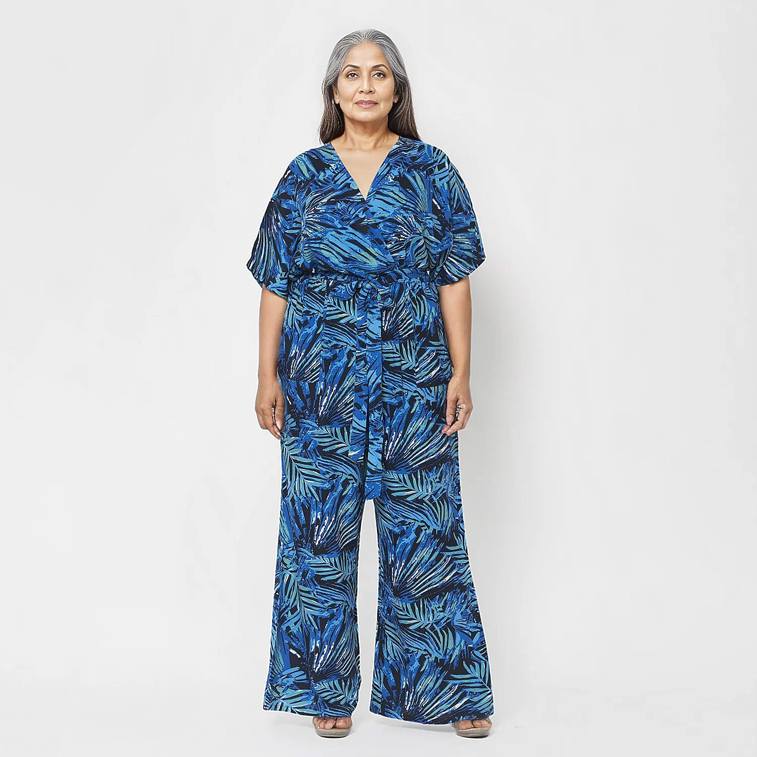 La Marey 100% Viscose Palm Pattern Ladies Jumpsuit (Size XXL) - Purple - Black