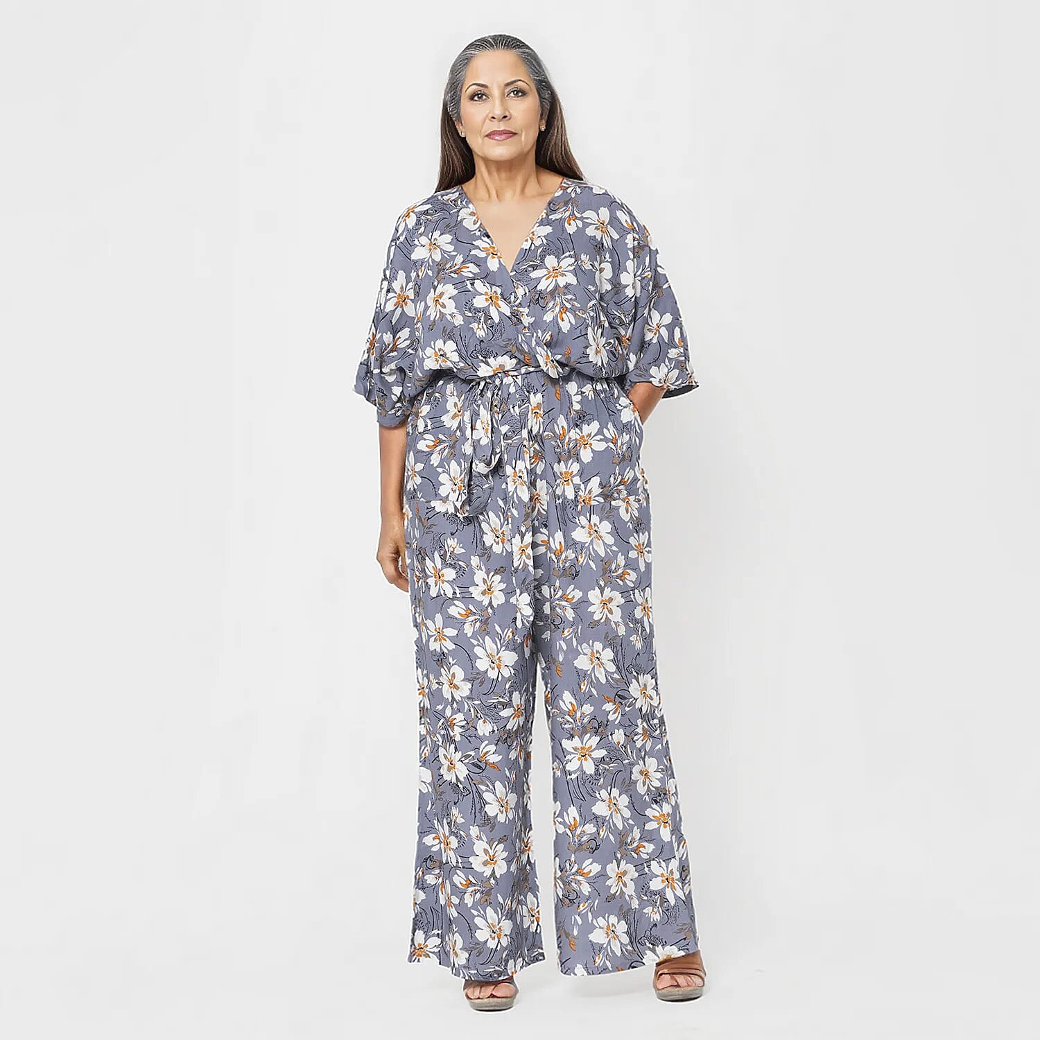 La Marey 100% Viscose Floral Pattern Ladies Jumpsuit (Size XXL) - Grey