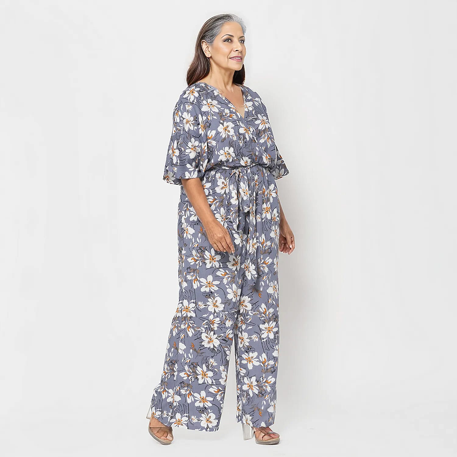 La Marey 100% Viscose Floral Pattern Ladies Jumpsuit (Size XXL) - Grey