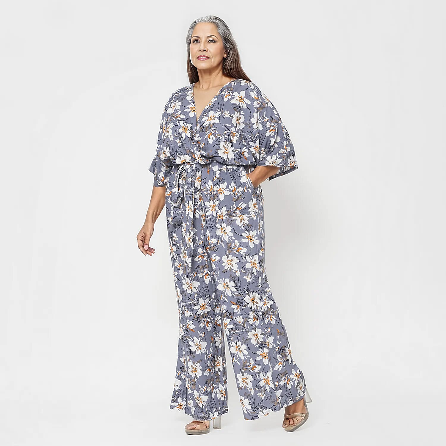 La Marey 100% Viscose Floral Pattern Ladies Jumpsuit (Size XXL) - Grey