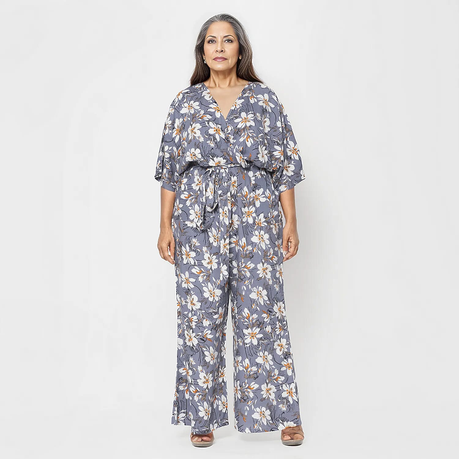 La Marey 100% Viscose Floral Pattern Ladies Jumpsuit (Size XXL) - Grey