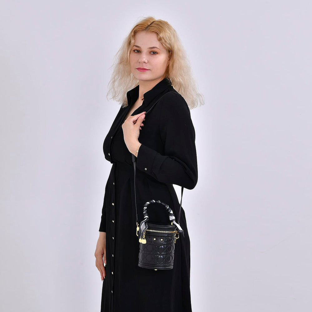 Designer Inspired Crossbody Scarf Bucket Bag with Detachable Shoulder Strap - Black