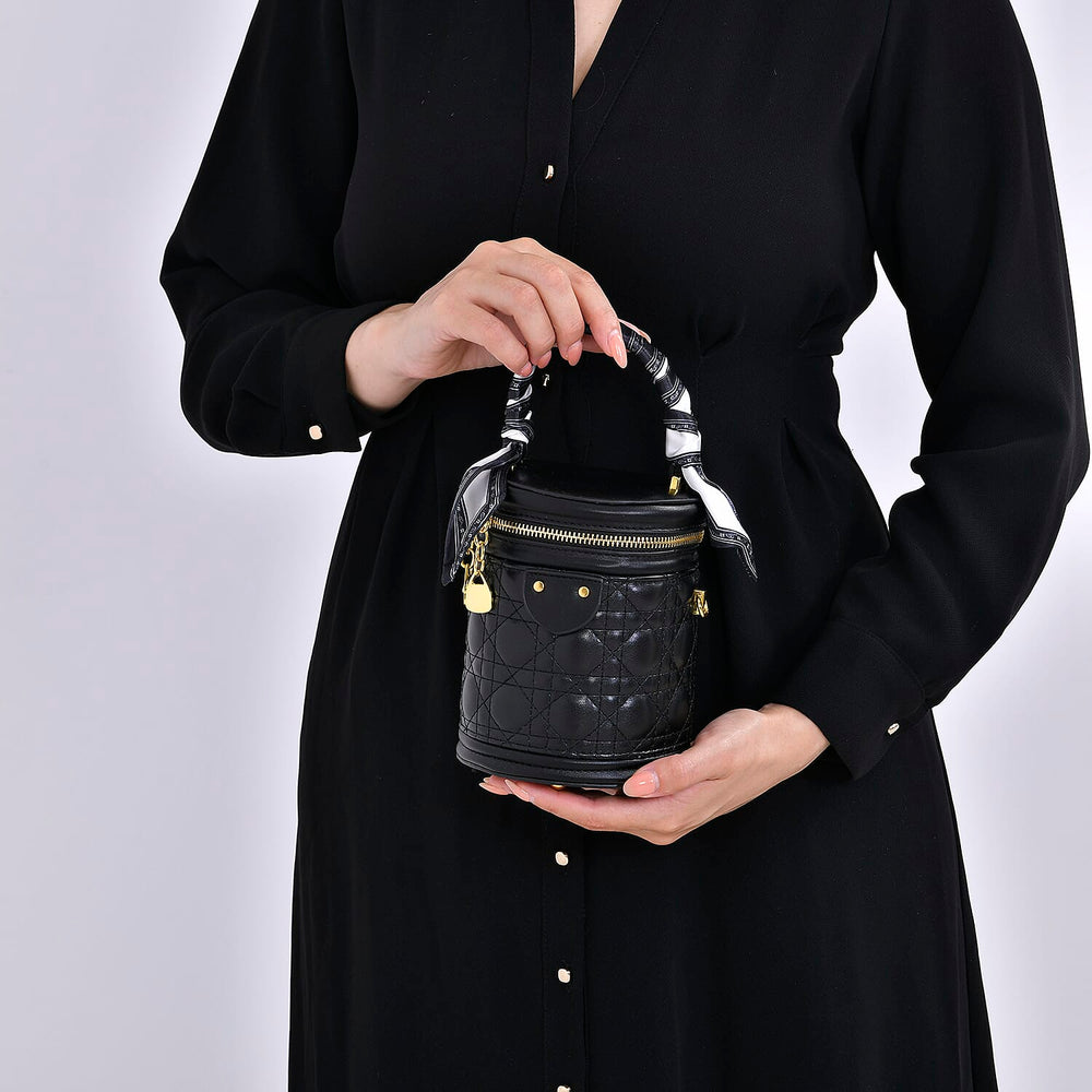 Designer Inspired Crossbody Scarf Bucket Bag with Detachable Shoulder Strap - Black