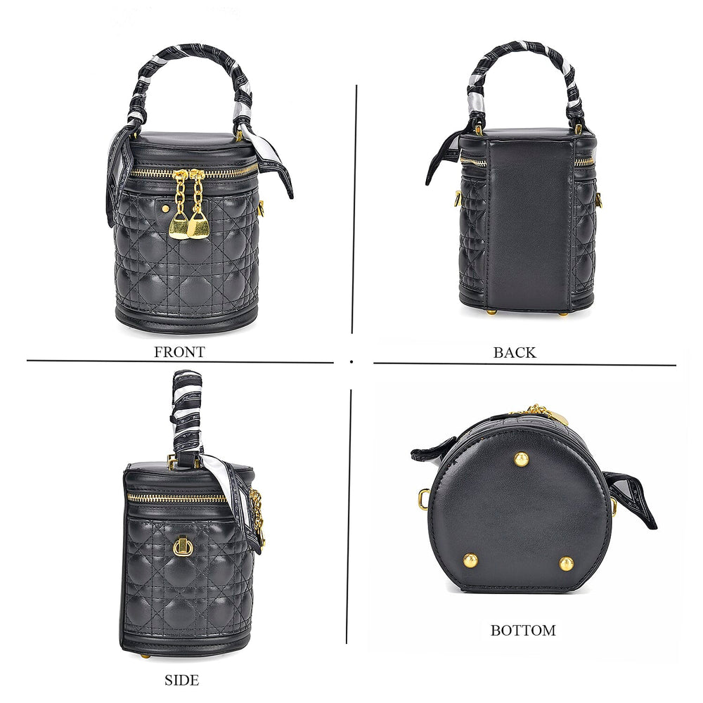 Designer Inspired Crossbody Scarf Bucket Bag with Detachable Shoulder Strap - Black