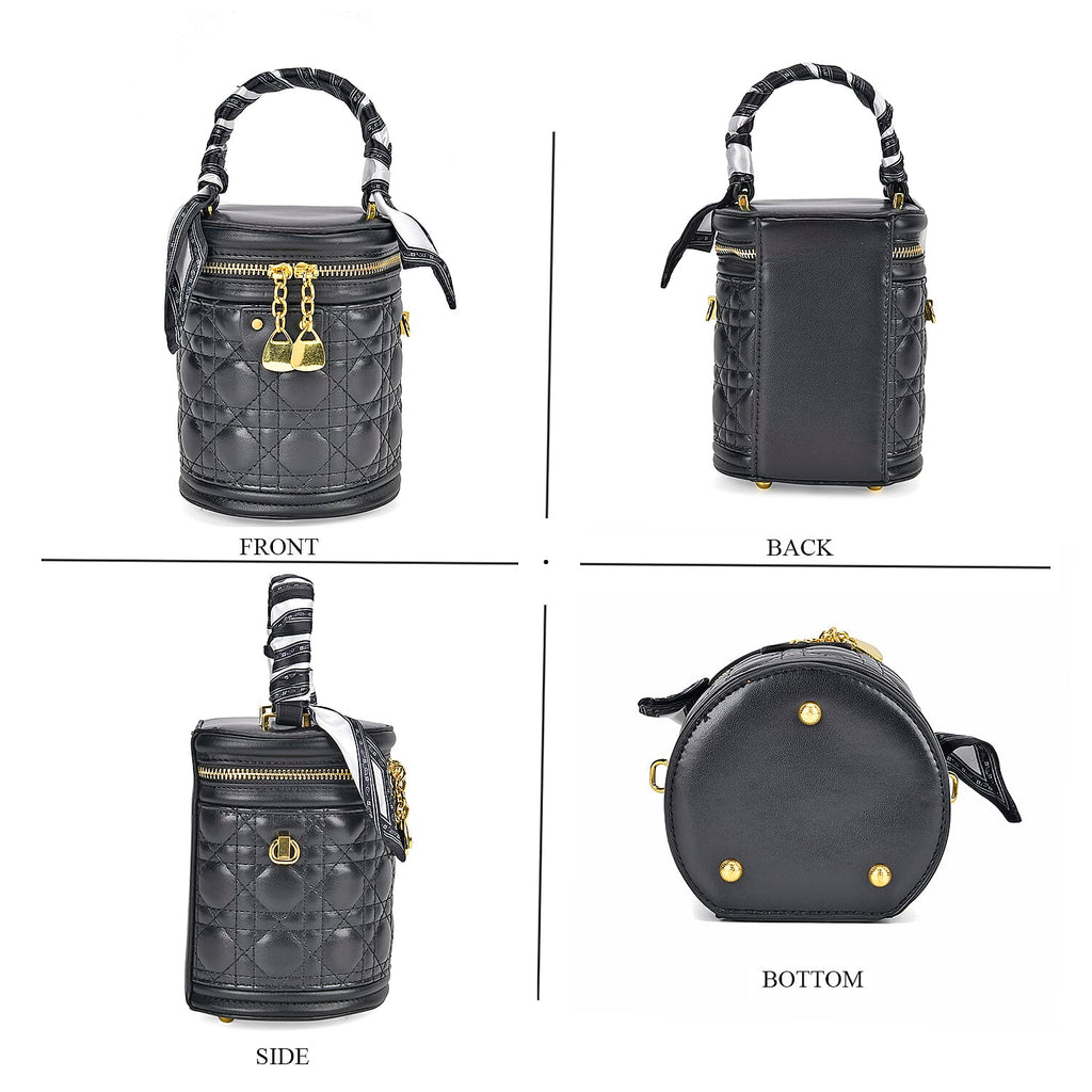 Designer Inspired Crossbody Scarf Bucket Bag with Detachable Shoulder Strap - Black
