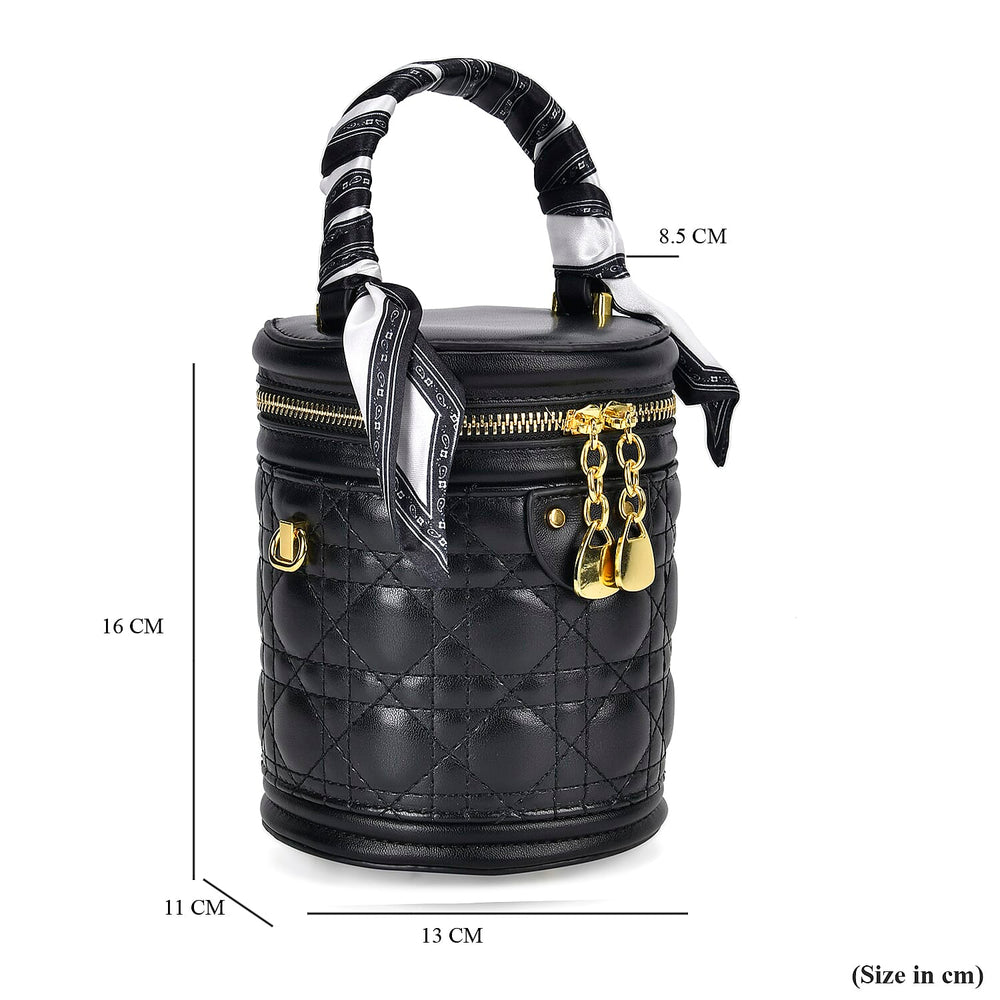 Designer Inspired Crossbody Scarf Bucket Bag with Detachable Shoulder Strap - Black
