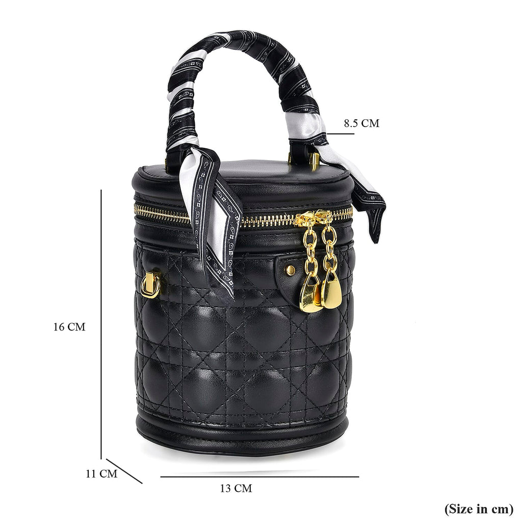 Designer Inspired Crossbody Scarf Bucket Bag with Detachable Shoulder Strap - Black