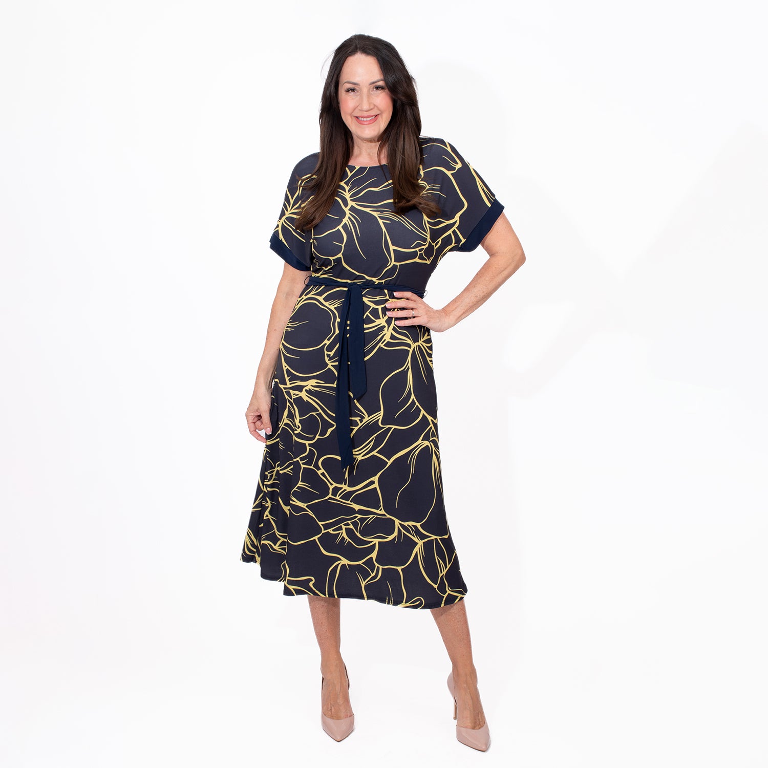 Styled By Midi Print Dress (Size M) - Navy_7730617