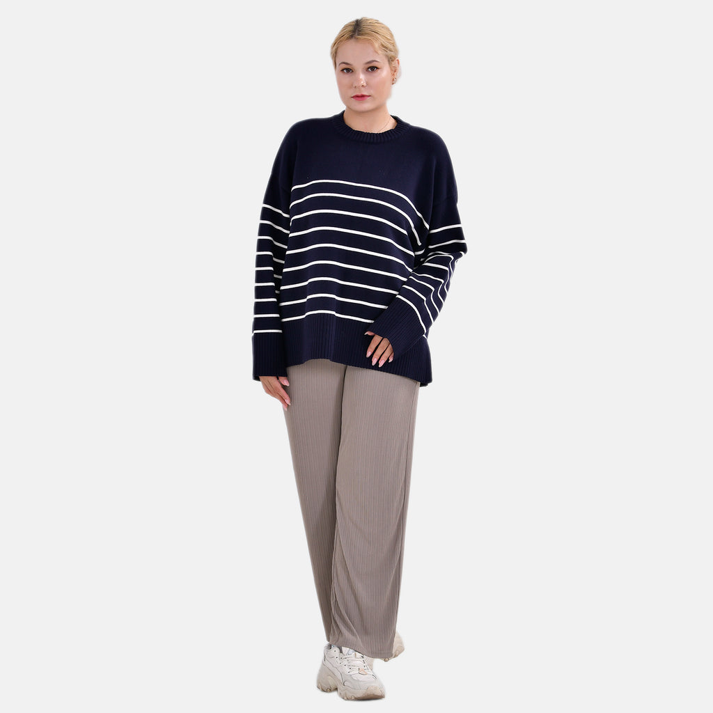 La Marey Stripe Pattern Relaxed Fit Jumper (Size XXL) - Black_7731794