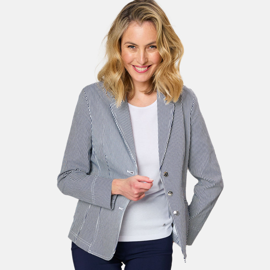 Emreco Fitted Stretch Stripe Blazer (Size 18) - Navy_7744397