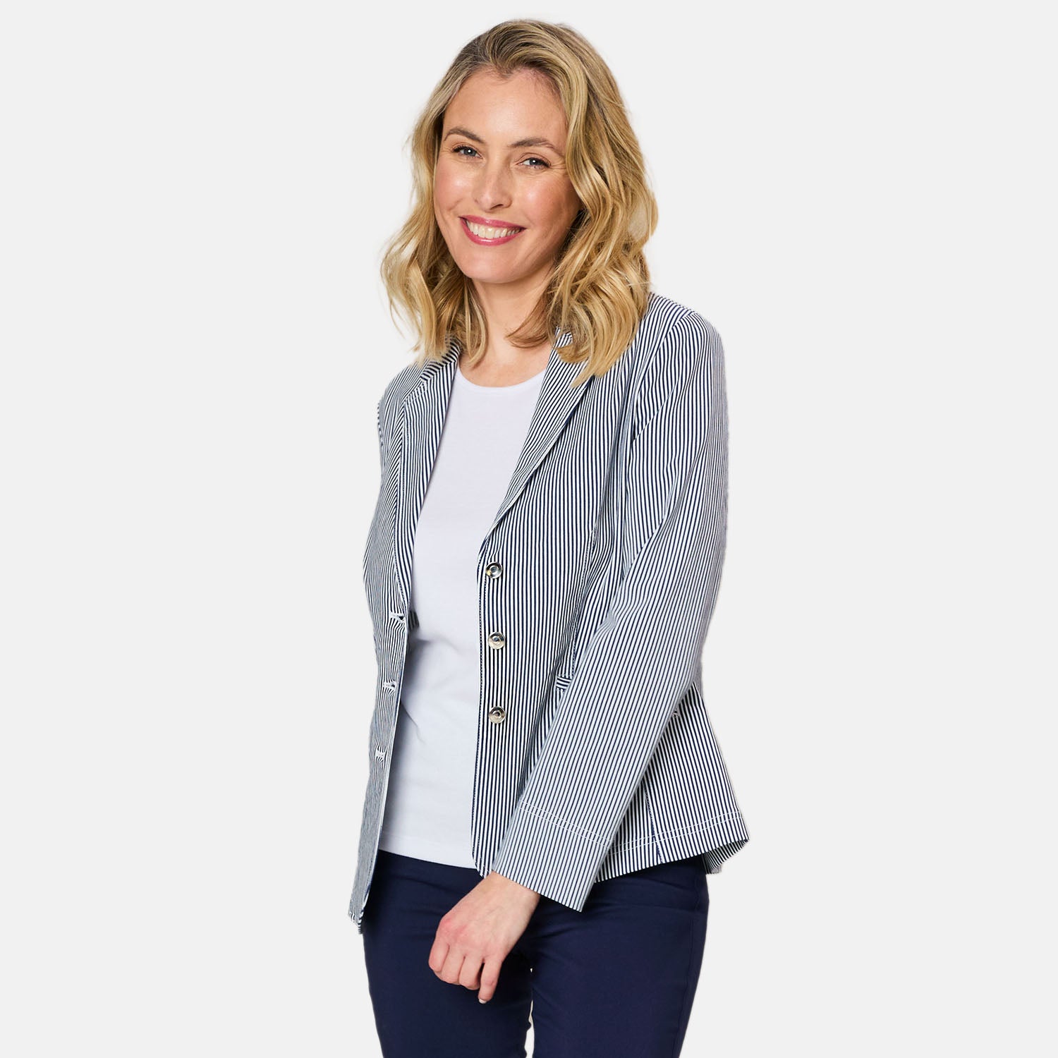 Emreco Fitted Stretch Stripe Blazer (Size 18) - Navy_7744397_2
