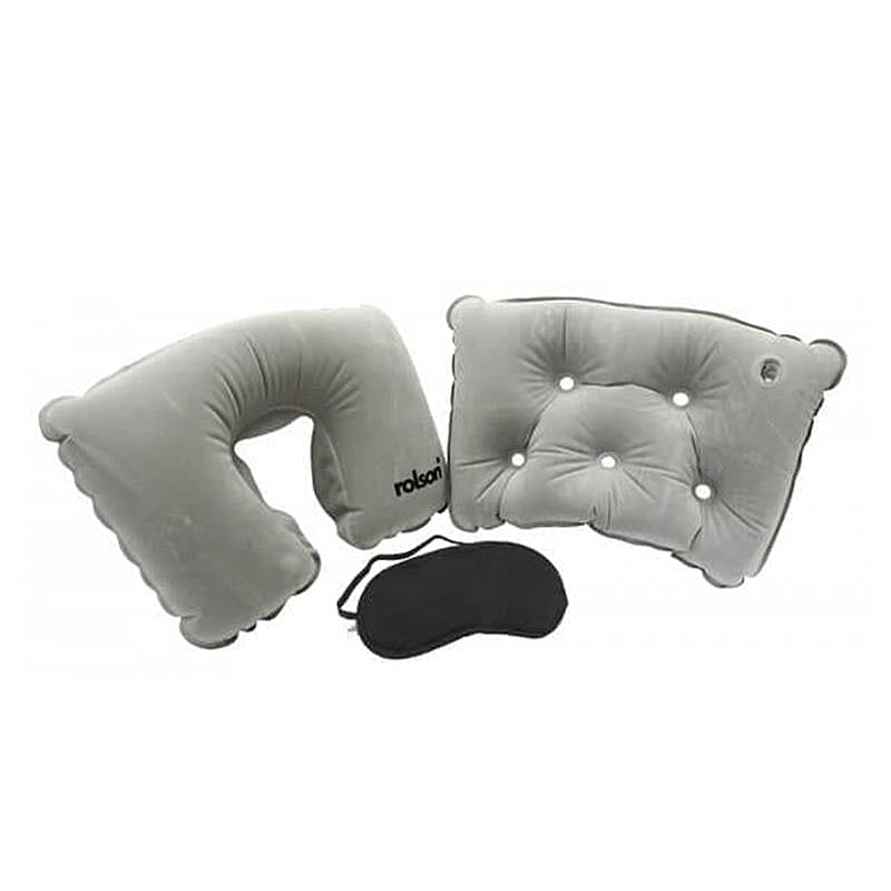 Rolson 3 Piece Travel Kit (Inc. Inflatable Neck Pillow, Back Cushion - Eye Mask)