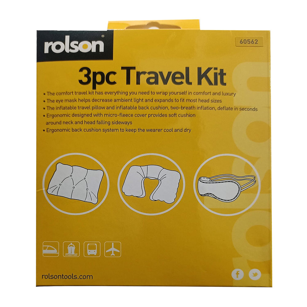 Rolson 3 Piece Travel Kit (Inc. Inflatable Neck Pillow, Back Cushion - Eye Mask)