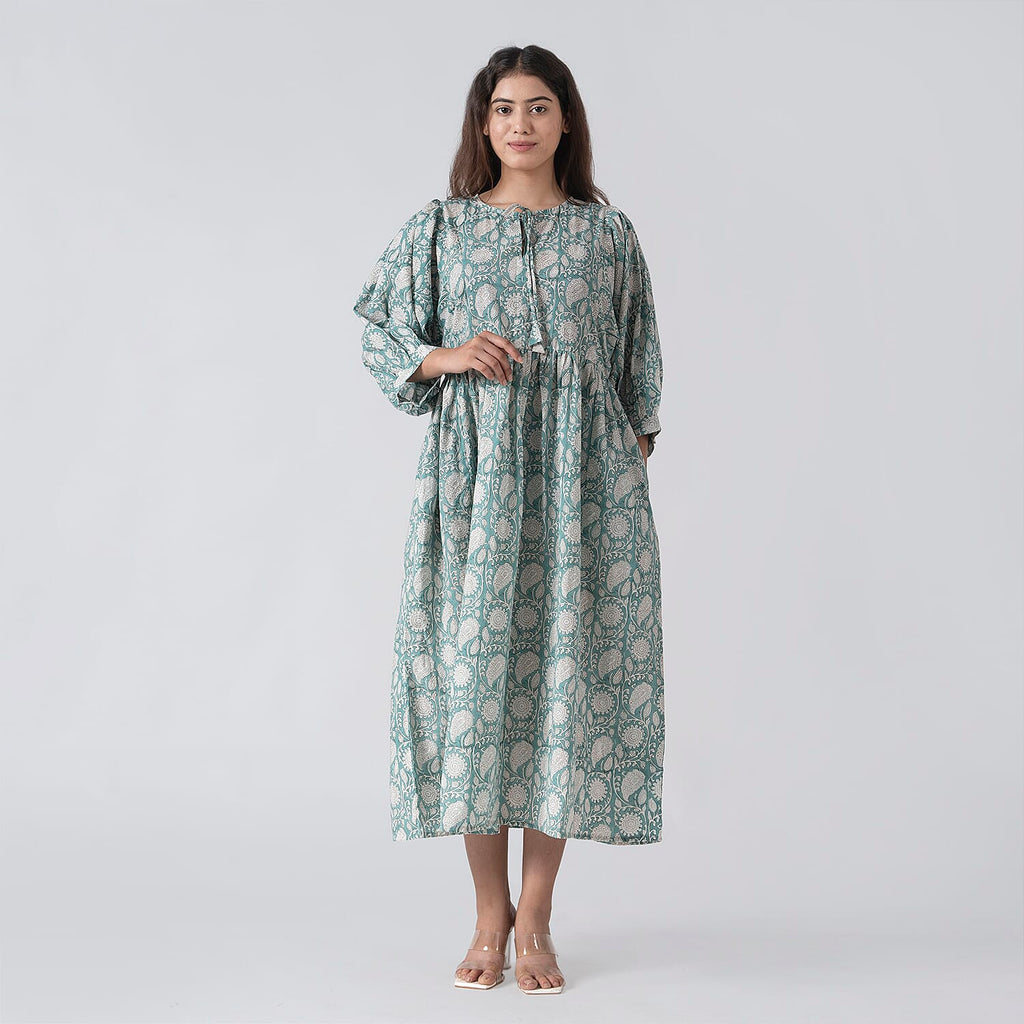 La Marey 100% Cotton Cambric Hand Block Printed Drsess with Tie Closer (Size XL) - Turquoise