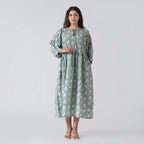 La Marey 100% Cotton Cambric Hand Block Printed Drsess with Tie Closer (Size XL) - Turquoise