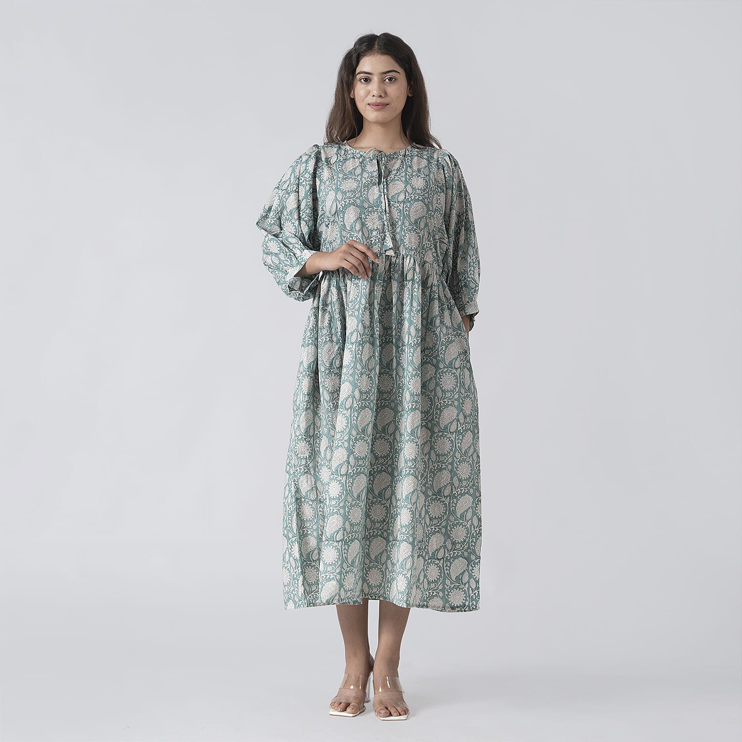 La Marey 100% Cotton Cambric Hand Block Printed Drsess with Tie Closer (Size XL) - Turquoise