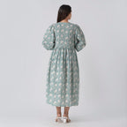 La Marey 100% Cotton Cambric Hand Block Printed Drsess with Tie Closer (Size XL) - Turquoise