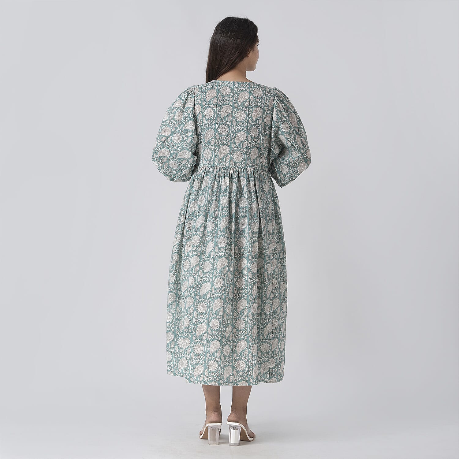 La Marey 100% Cotton Cambric Hand Block Printed Drsess with Tie Closer (Size XL) - Turquoise