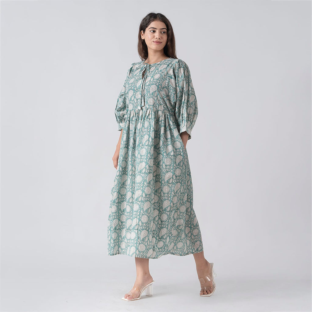 La Marey 100% Cotton Cambric Hand Block Printed Drsess with Tie Closer (Size XL) - Turquoise