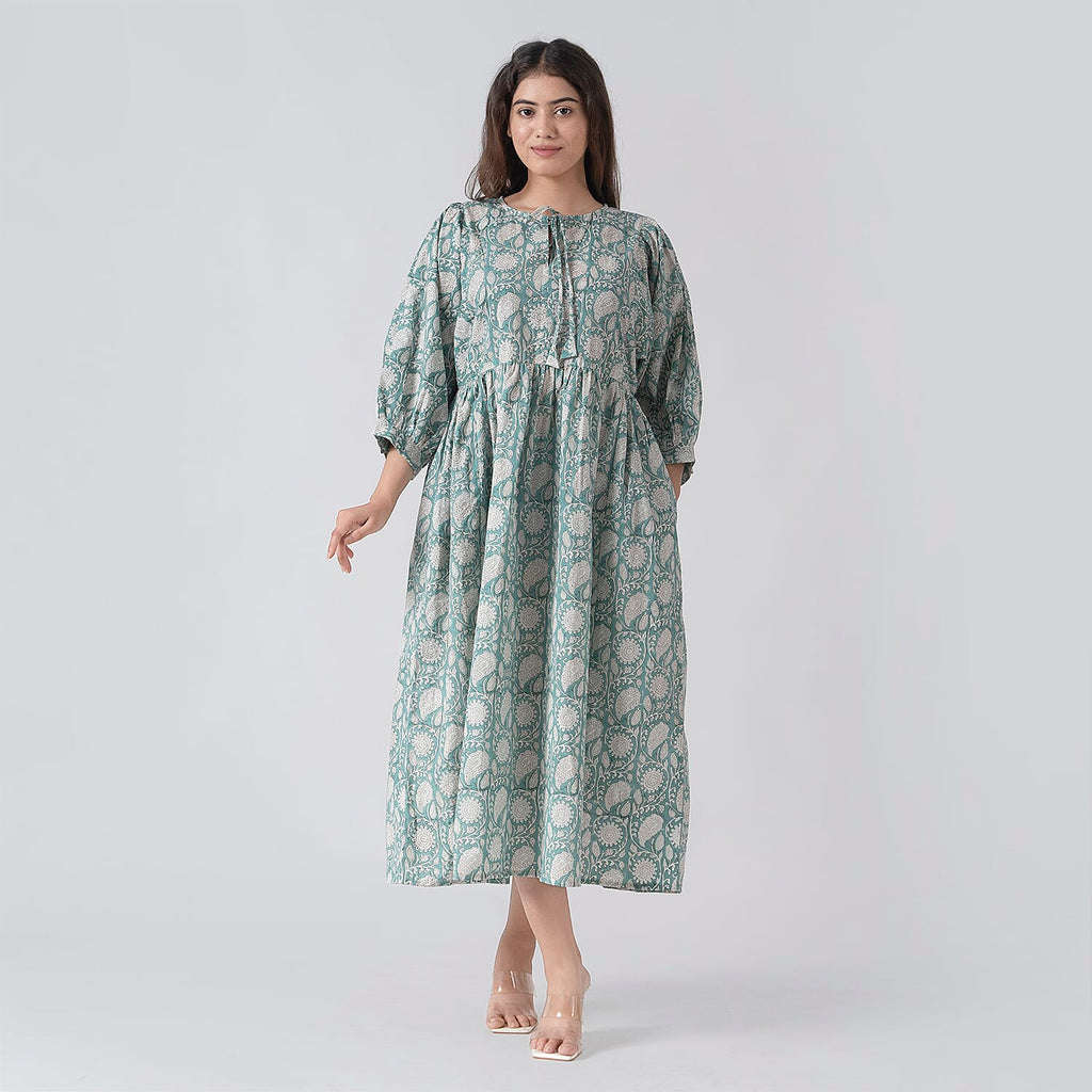 La Marey 100% Cotton Cambric Hand Block Printed Drsess with Tie Closer (Size XL) - Turquoise