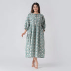 La Marey 100% Cotton Cambric Hand Block Printed Drsess with Tie Closer (Size XL) - Turquoise