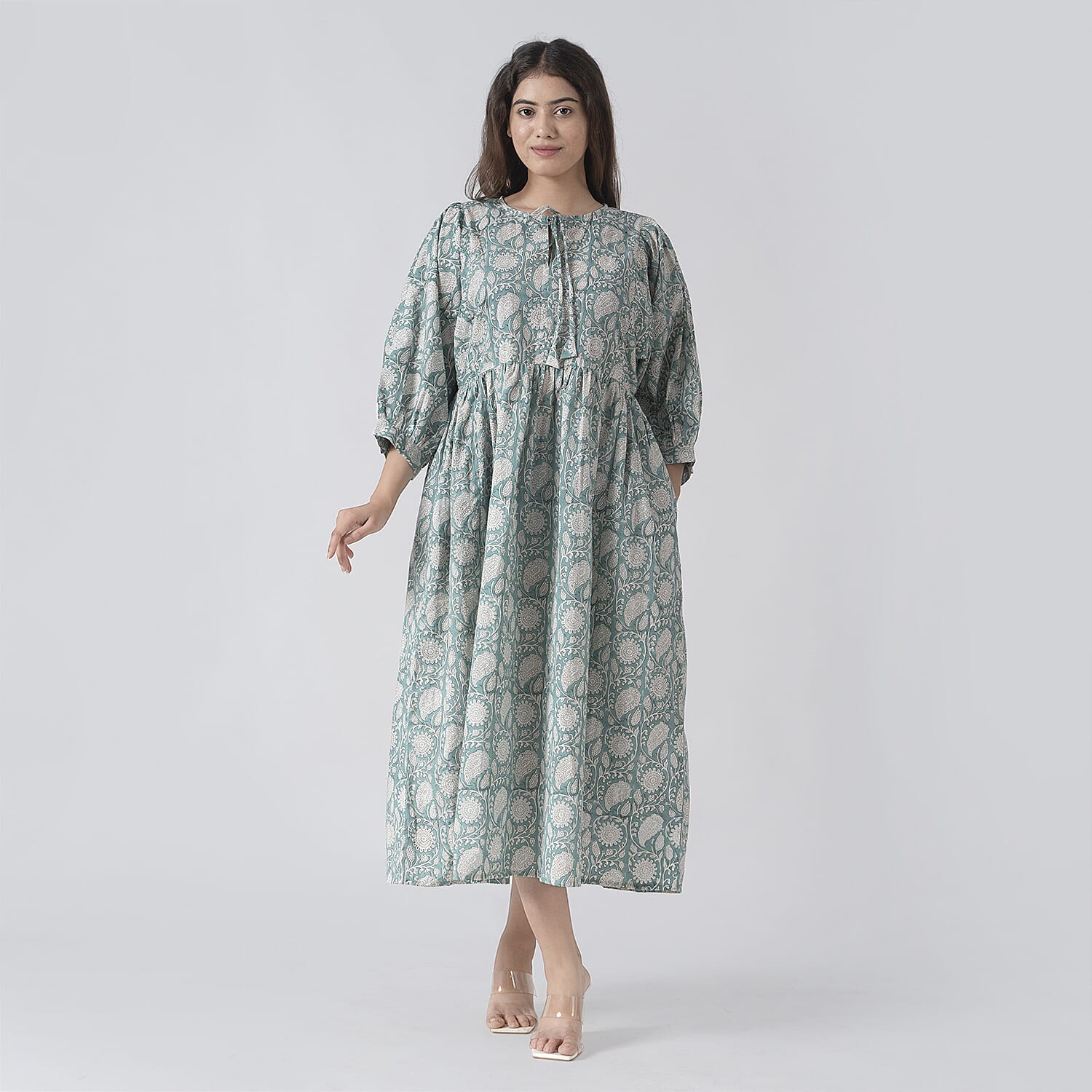 La Marey 100% Cotton Cambric Hand Block Printed Drsess with Tie Closer (Size XL) - Turquoise