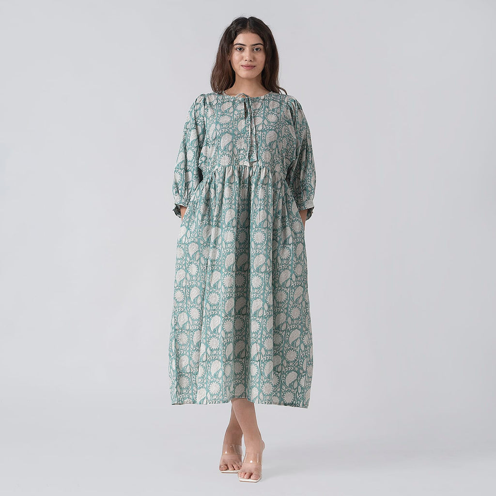 La Marey 100% Cotton Cambric Hand Block Printed Drsess with Tie Closer (Size XL) - Turquoise