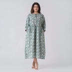 La Marey 100% Cotton Cambric Hand Block Printed Drsess with Tie Closer (Size XL) - Turquoise