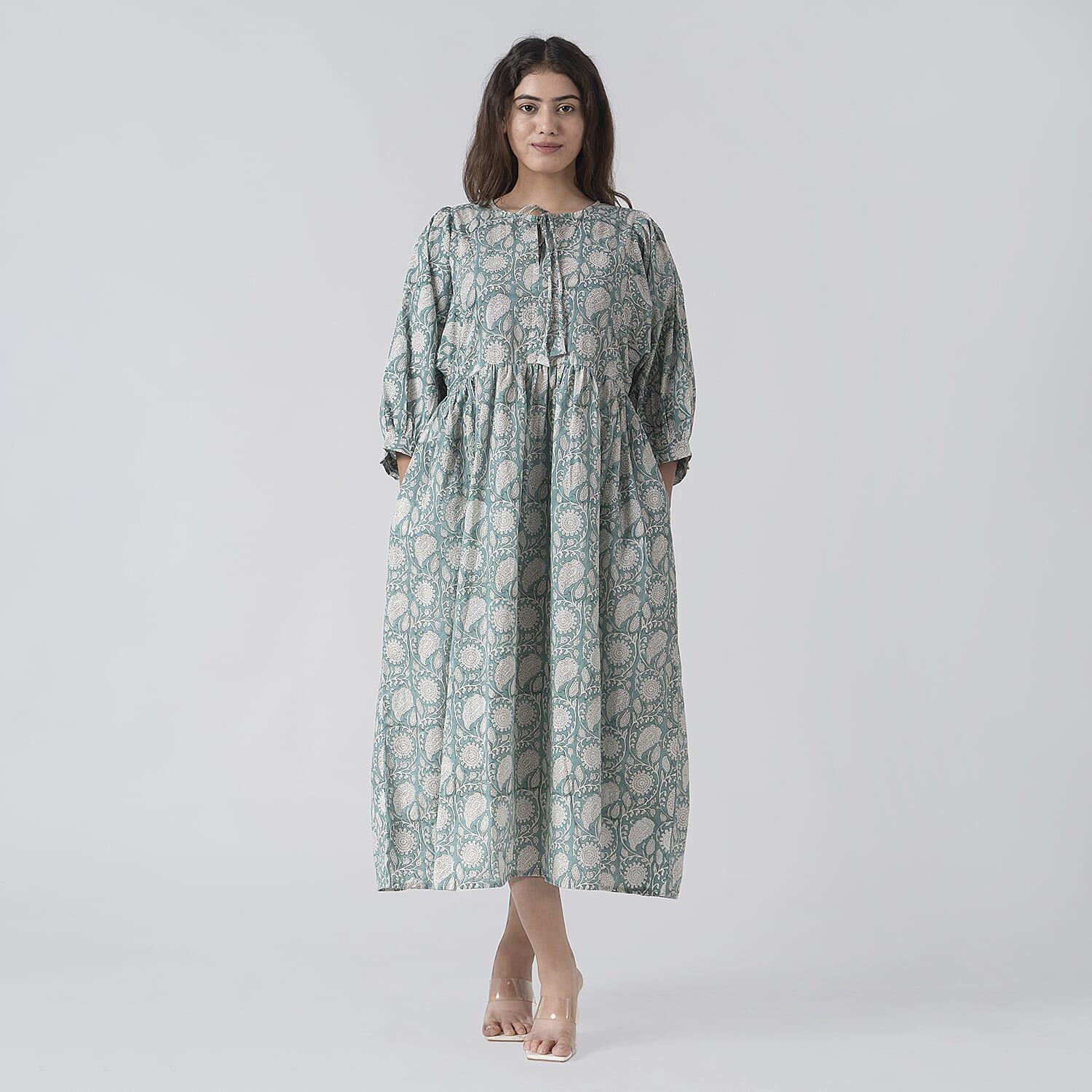 La Marey 100% Cotton Cambric Hand Block Printed Drsess with Tie Closer (Size XL) - Turquoise