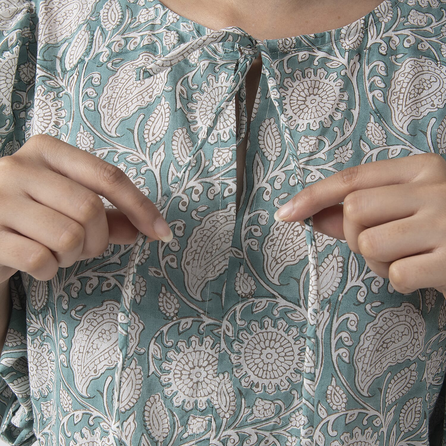 La Marey 100% Cotton Cambric Hand Block Printed Drsess with Tie Closer (Size XL) - Turquoise