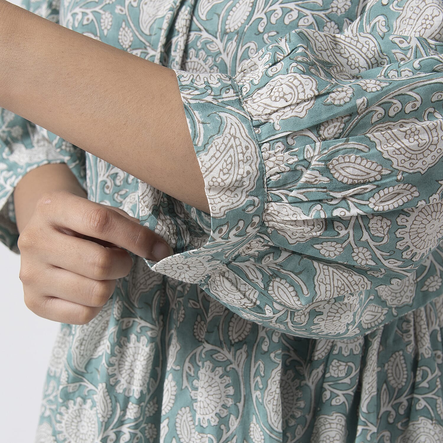 La Marey 100% Cotton Cambric Hand Block Printed Drsess with Tie Closer (Size XL) - Turquoise