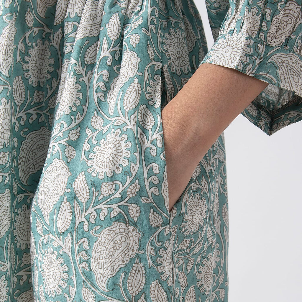 La Marey 100% Cotton Cambric Hand Block Printed Drsess with Tie Closer (Size XL) - Turquoise