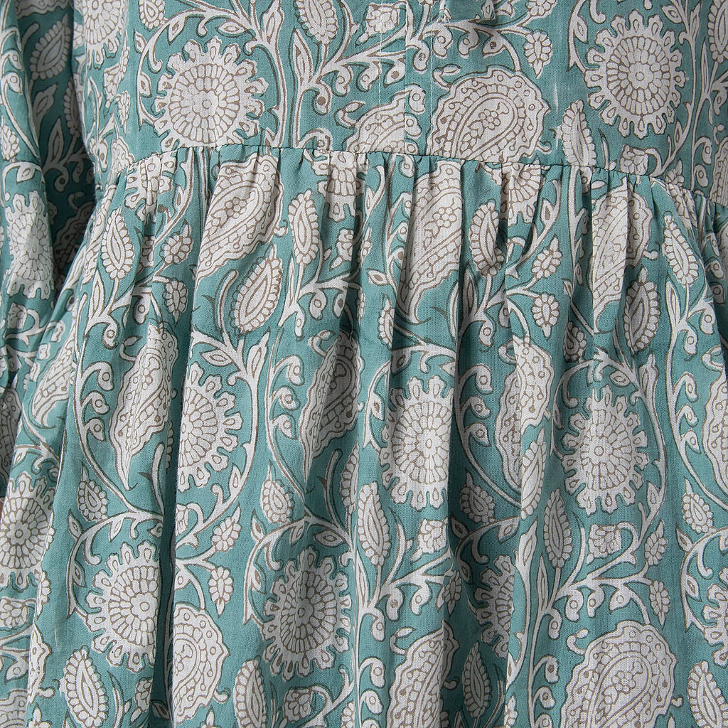 La Marey 100% Cotton Cambric Hand Block Printed Drsess with Tie Closer (Size XL) - Turquoise